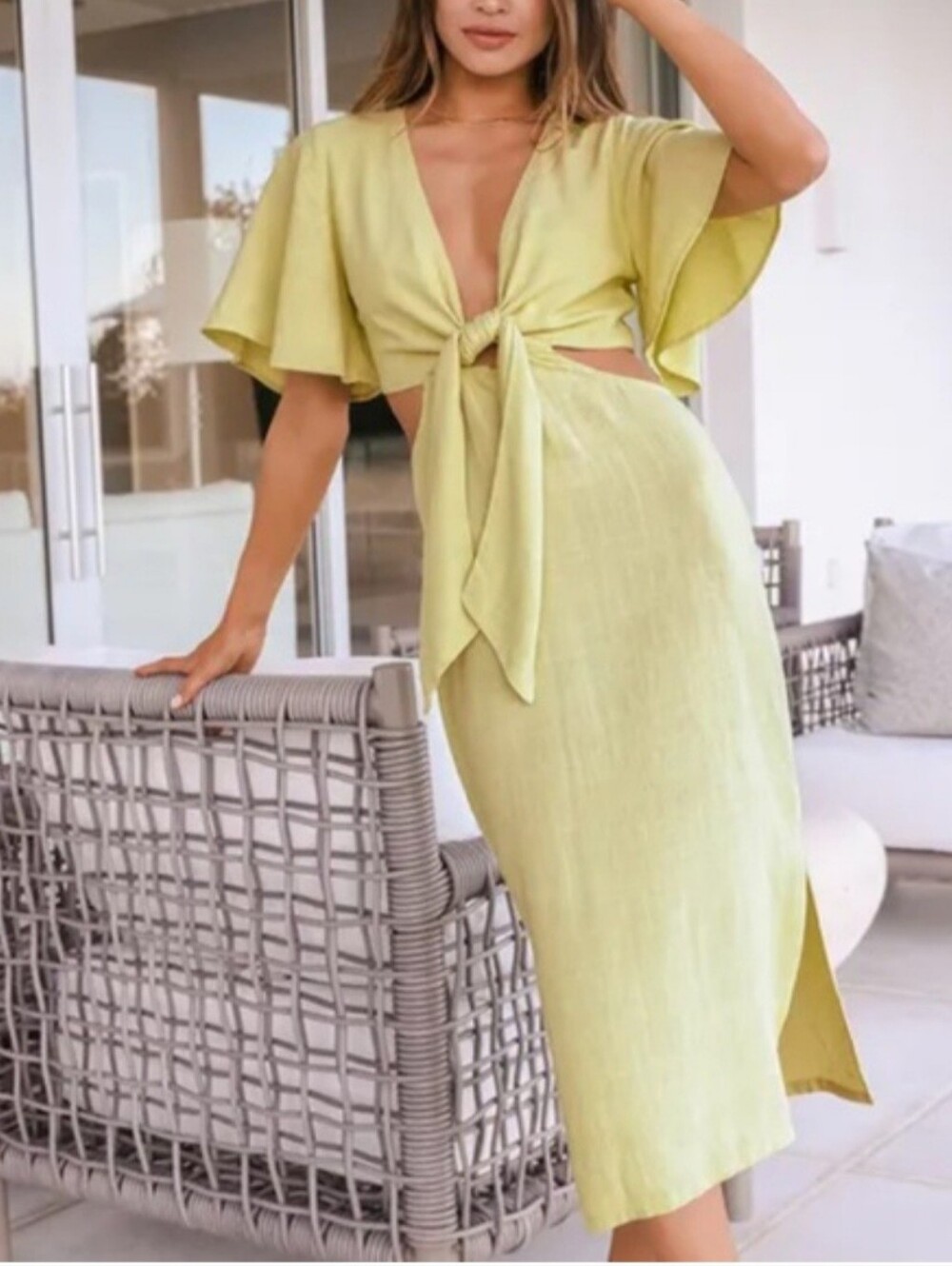 Lulu's Summer Journey Light Green / Lime Tie-Front Cutout Midi Dress - Picture 1 of 9
